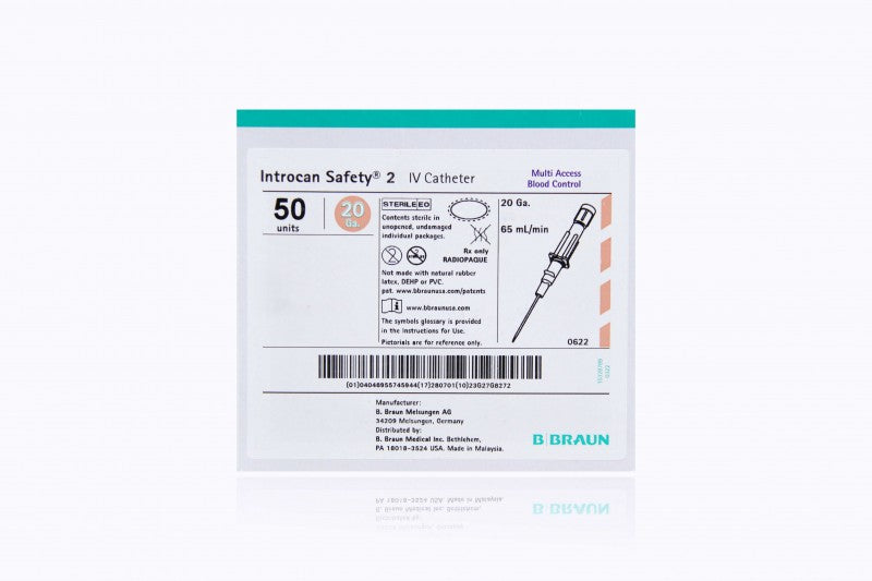 Introcan Safety 2 IV Catheter, 20G x 1", Straight, 50/bx, 4 bx/cs (Rx) (Continental US+HI Only) (Item on Manufacturer Backorder - Inventory Limited when Available)