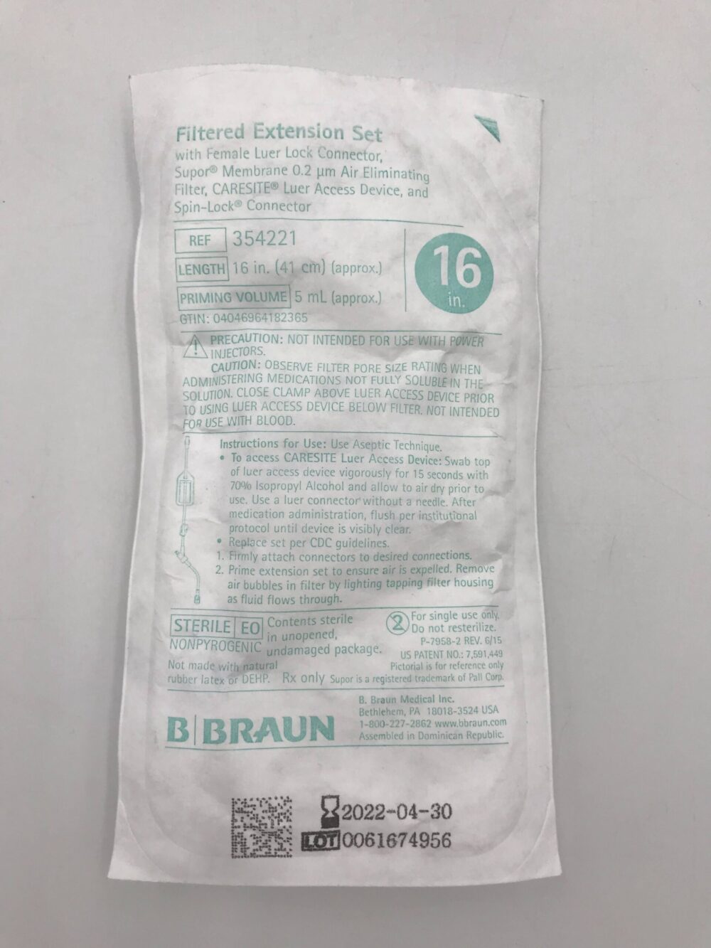 Filtered Extension Set, 0.2 Micron with CARESITE Injection Site 6" Above Distal End, SPIN-LOCK Connector,  DEHP & Latex Free (LF), 5.2mL Priming Volume, 16"L, 50/cs (Rx) (Item is Non-Returnable) (Continental US+HI Only, Excluding IN and ND)