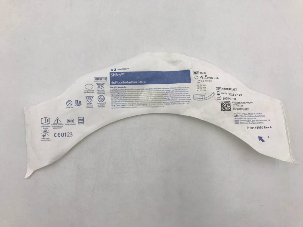 Oral/Nasal Tracheal Tube, 4.5mm, Cuffless, Hooded Murphy Tip with Eye, Magill Curve, Latex Free (LF), Sterile, 10/bx (Continental US Only)