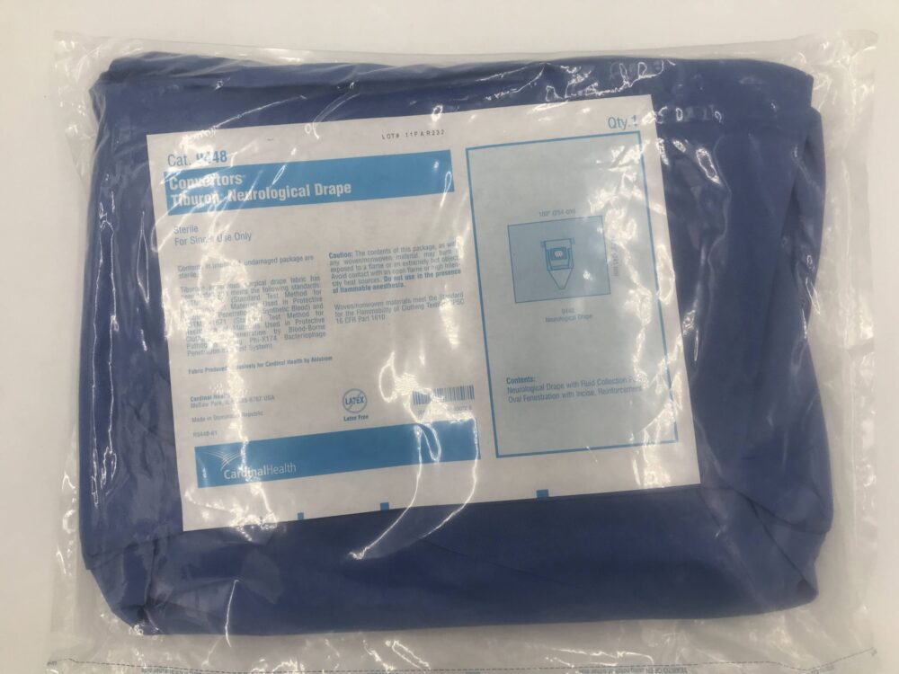 Neurological Surgical Drape, 18" x 28.5", Absorbent Reinforcement, 11" x 7" Fenestration Oval with Full Incise, 20.5" x 40" Fluid Control Drawstring Pouch with Screen and Port, Cord-Holding Tabs, Sterile, 8/cs (Continental US Only)
