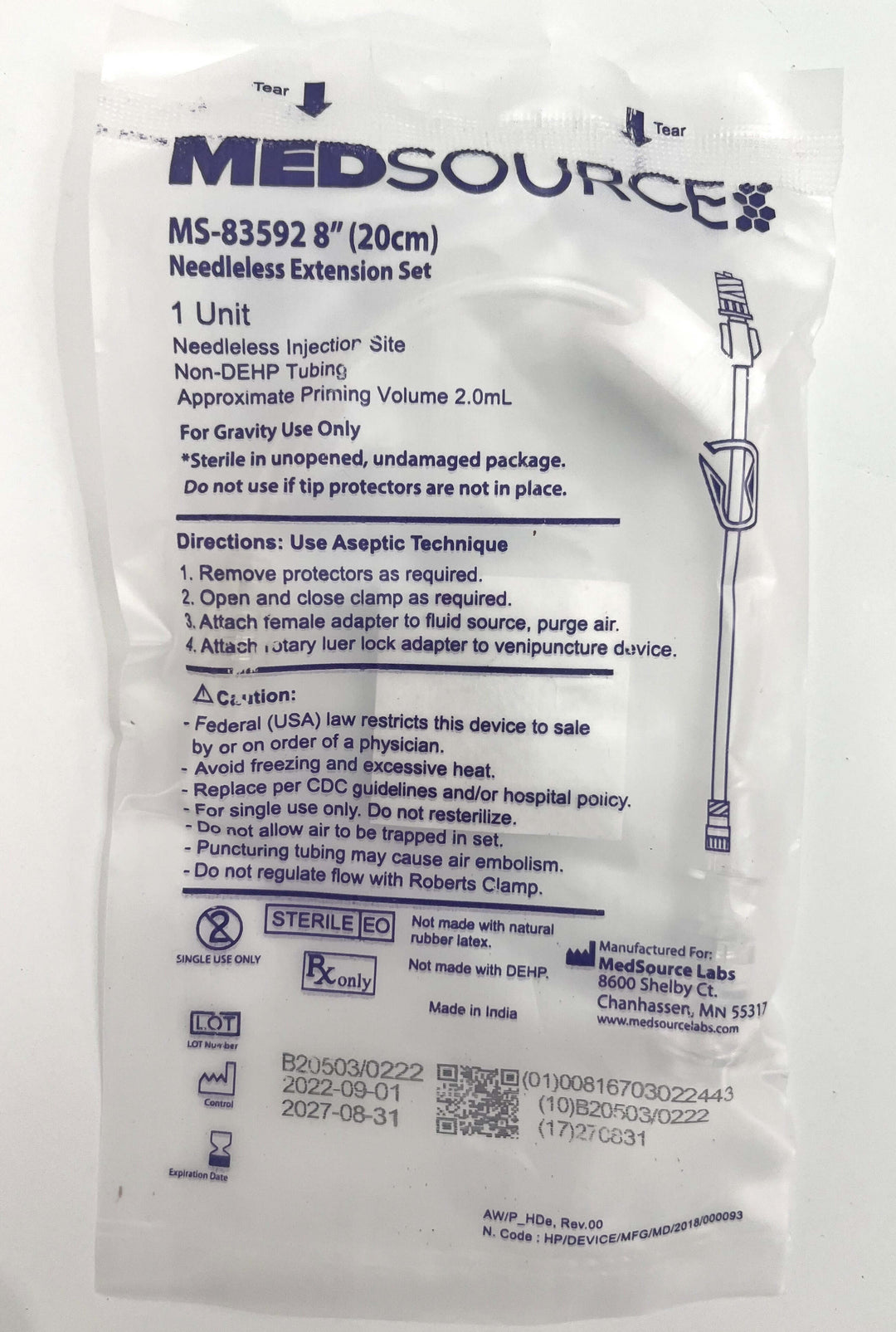MedSource Clave Extension Set Needle-Free 8" Tubing Access Port Clv 100/Bx, 6 BX/CA (MS-83592)