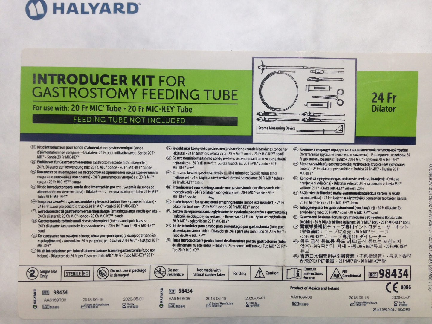 Introducer Kit, 24FR Dilator, Includes: (4) Saf-T-Pexy T=Fasteners, (1) Hemostat, (1) 18G Safety Introducer Needle, (1) 0.035" J-Tip Guidewire, (1) #11 Scalpel, (1) Dilator, (1) Over-the-Wire Stoma Measuring Device, (2) 12 ml Syringes (US Only) (Authorized Distributor Sub-Agreement Required  - See Manufacturer Details Page)