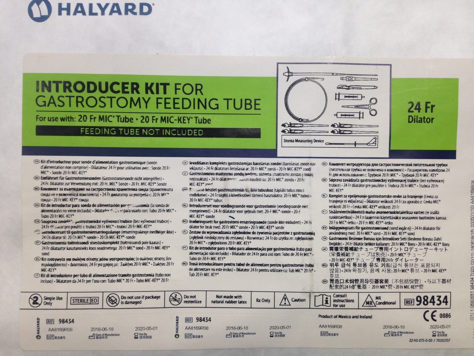 Introducer Kit, 24FR Dilator, Includes: (4) Saf-T-Pexy T=Fasteners, (1) Hemostat, (1) 18G Safety Introducer Needle, (1) 0.035" J-Tip Guidewire, (1) #11 Scalpel, (1) Dilator, (1) Over-the-Wire Stoma Measuring Device, (2) 12 ml Syringes (US Only) (Authorized Distributor Sub-Agreement Required  - See Manufacturer Details Page)
