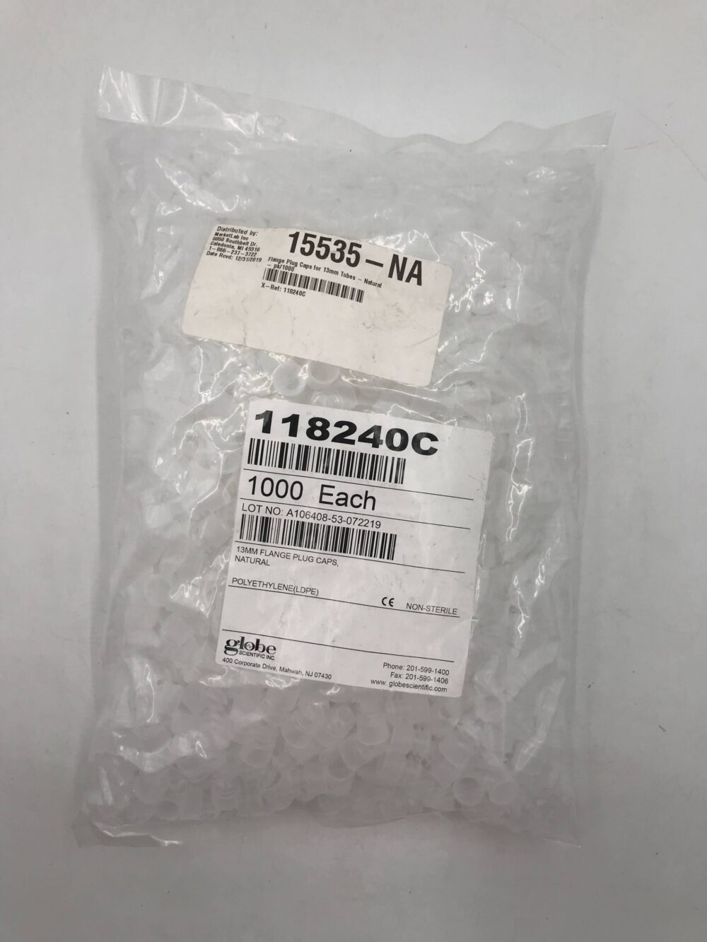 Test Tube Cap, 13mm, Flanged Plug, Natural, 1000/bg