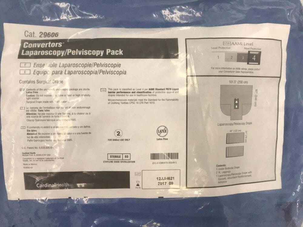 Laparoscopy/Pelviscopy Pack I, Includes: Laparoscopy/Pelviscopy Drape with Gussets, Absorbent Reinforcement, Adhesive; Under-Buttocks drape, Reinforced Poly; Pair of Leggings, X-Large, Sterile, 10/cs (Continental US Only)