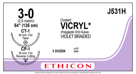 Suture, Taper Point Reverse Cutting, Size 3-0, 54", Violet Braided, Needle CT-1 CP-1, _ Circle, 3 dz/bx (Continental US Only)