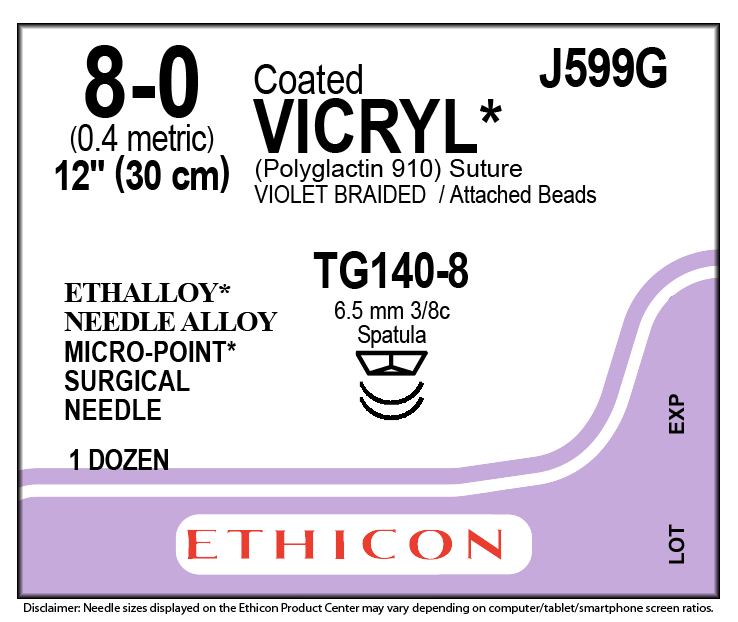 Suture, Micropoint Spatula, Size 8-0, 12", Violet Braided, Needle TB140-8 TG140-8, 3/8 Circle, Beaded Retraction, 1 dz/bx (Continental US Only)