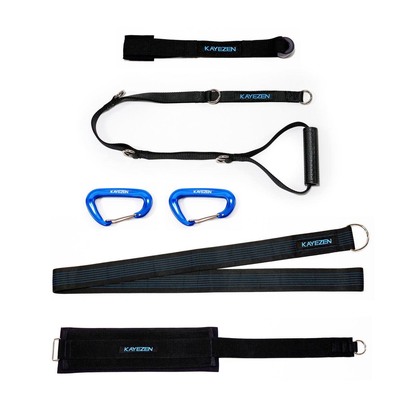 The Kayezen VECTOR Accessory Pack Allow You to Use the System to its Full Potential, Includes: 1 Door Anchor, 1 Long Strap Loop Handle, 1 Thigh Cinch Strap, 1 Long Torso Strap, 2 Carabiners