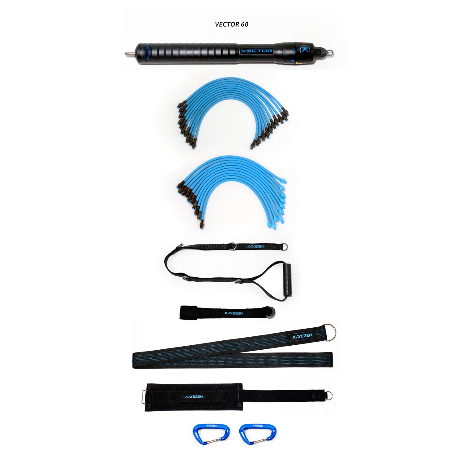 VECTOR 60 Resistance System Solo Kit: 1 VECTOR 60 Unit, w/ 10 Lt + 10 Hvy Tubes, 1 Door Anchor, 1 Long Handle, 1 Long Torso Strap, 1 Thigh Strap, 2 Carabiners, Free Exercise APP