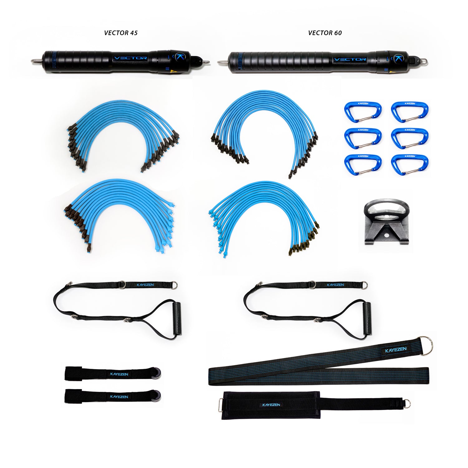 VECTOR Resistance System Clinic Kit: VECTOR 45 Unit, w/ 10 Lt + 10 Hvy Tubes, VECTOR 60 Unit w/Tubes, 2 Door Anchors, 2 Long Handles, 1 Torso Strap, 1 Thigh Strap, 6 Carabiners, 1 Wall Anchor, Free APP