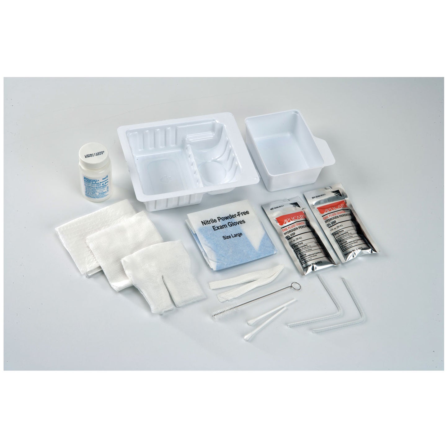 Tray Includes: (2) Blue Nitrite Gloves, CSR Wrap, (3) Solution Basins, 6" Nylon Bristle Trach Tube Brush, Drape, (4) 4"x4" 8-Ply Gauze Sponges, (3) Pipe Cleaners, (3) 4"x4" Dressings, 30" Twill Tape, (3) 6" Cotton Tipped Applicators, 20/cs (Continental US Only)