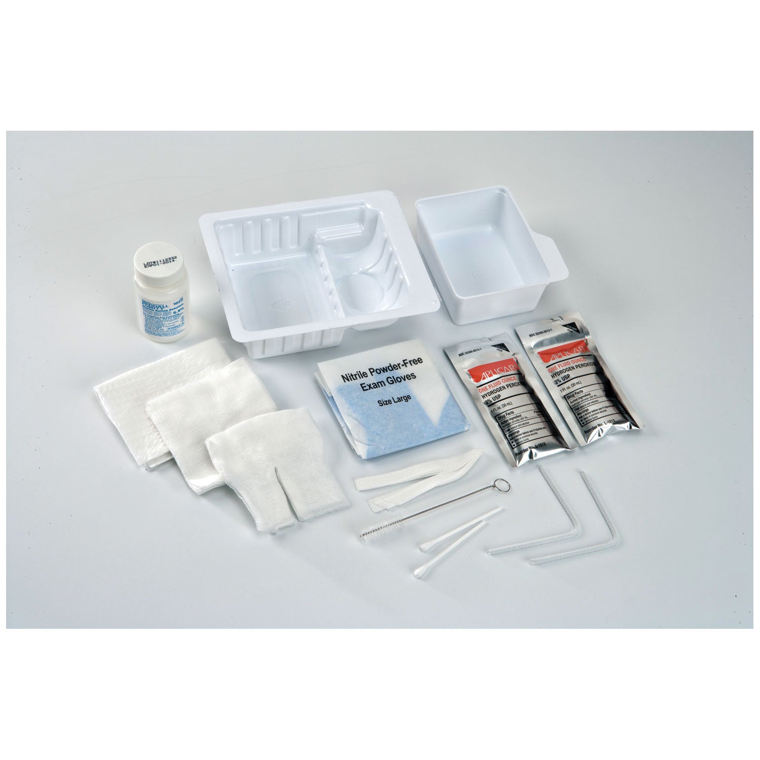 Tray Includes: (2) Blue Nitrite Gloves, CSR Wrap, (3) Solution Basins, 6" Nylon Bristle Trach Tube Brush, Drape, (4) 4"x4" 8-Ply Gauze Sponges, (3) Pipe Cleaners, (3) 4"x4" Dressings, 30" Twill Tape, (3) 6" Cotton Tipped Applicators, 20/cs (Continental US Only)