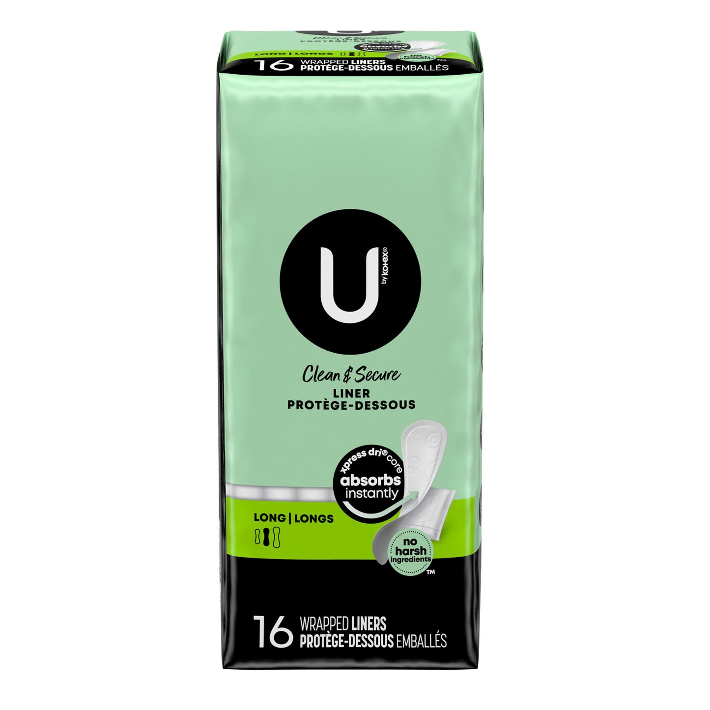 U by Kotex Pantiliners, Premium, Fresh & Dry, Long, 16/pk, 12 pk/cs 