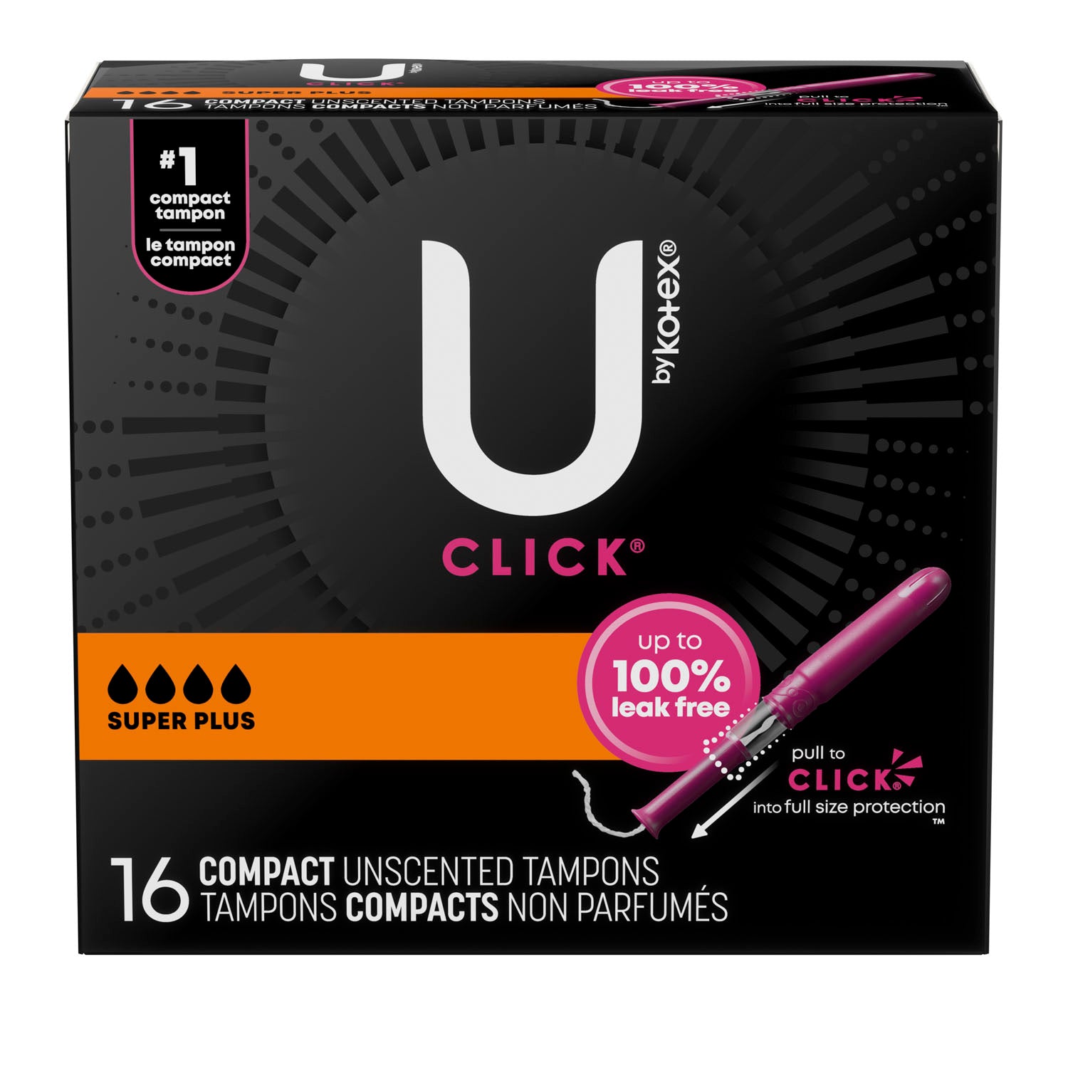 U by Kotex Tampon, Super Premium, Super Plus Absorbency, Click Compact, 16/pk, 8 pk/cs