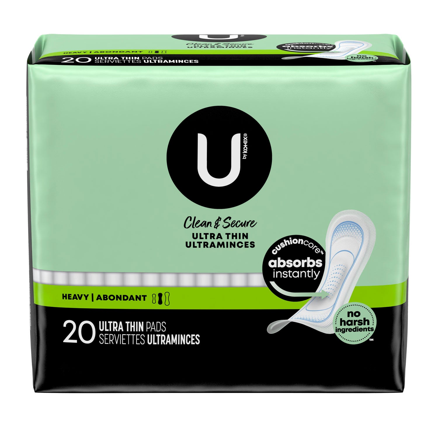 U by Kotex Heavy Pads, Premium, Ultra Thin, 20/pk, 8 pk/cs
