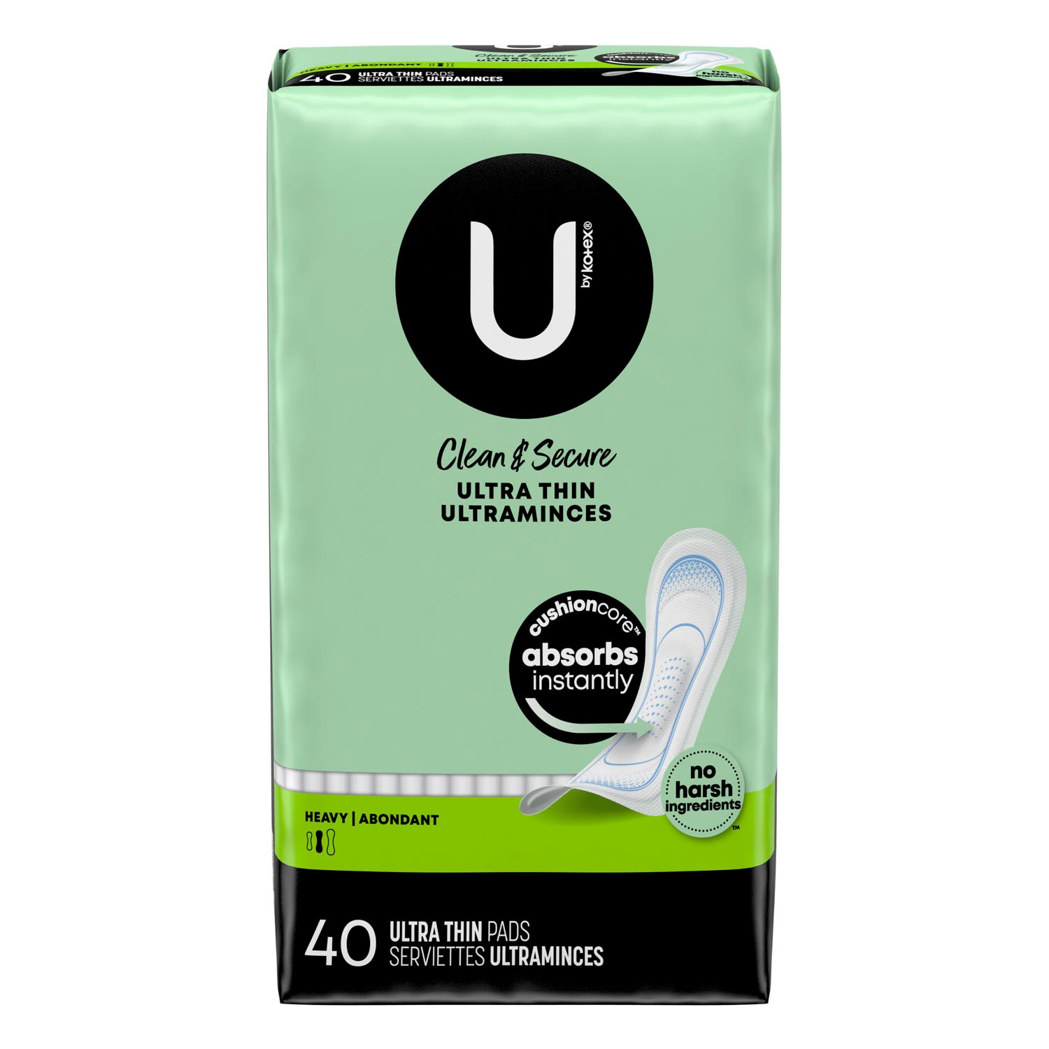 U by Kotex Heavy Pad, Premium, Ultra Thin, 40/pk, 6 pk/cs
