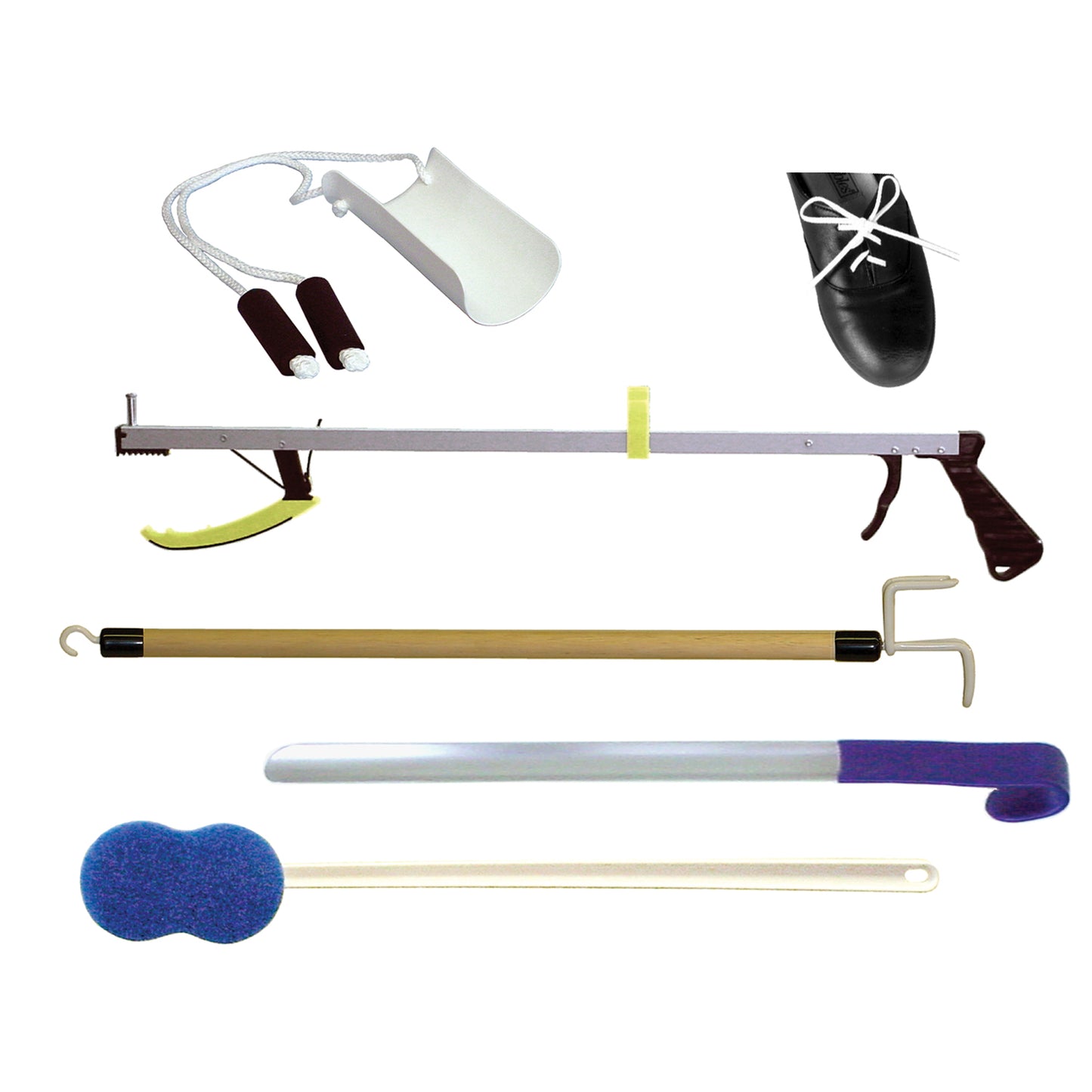 Basic Hip Kit Includes: 27" Ergo Plus Reacher, Sock Aid with Foam Handles, (2) Pair Each Elastic Shoe Laces Black & White, 27" Dressing Stick, 24" Stainless Steel Shoehorn & Long Handle Bath Sponge (A handling charge of $9.95 will be added to any order under $25.00) (DROP SHIP ONLY) (050930)