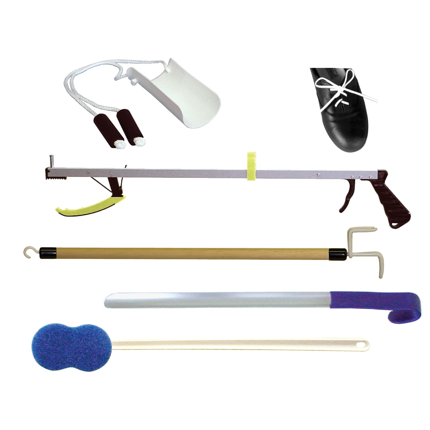 Basic Hip Kit Includes: 27" Ergo Plus Reacher, Sock Aid with Foam Handles, (2) Pair Each Elastic Shoe Laces Black & White, 27" Dressing Stick, 24" Stainless Steel Shoehorn & Long Handle Bath Sponge (A handling charge of $9.95 will be added to any order under $25.00) (DROP SHIP ONLY) (050930)