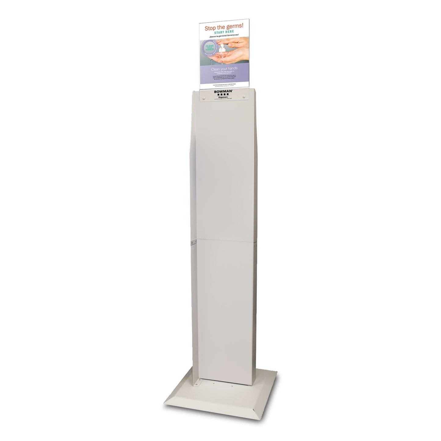 Dual-Sided Floor Stand, Holds Automatic Hand Sanitizer Dispensers, Column Square Base, Includes MP-070 Sign Holder - Vertical (Holds any 8.5"(W)x11"(H) Sign), Assembly Hardware Included, Column - Quartz Beige Powder-Coated Aluminum, Base - Quartz Beige Powder-Coated Steel, Sign Holder - Clear PETG Plastic, 17.00"(W)x52.96"(H)x17.00"(D) (64.57"(H) w/Sign), 16.4lbs (Made in the USA)