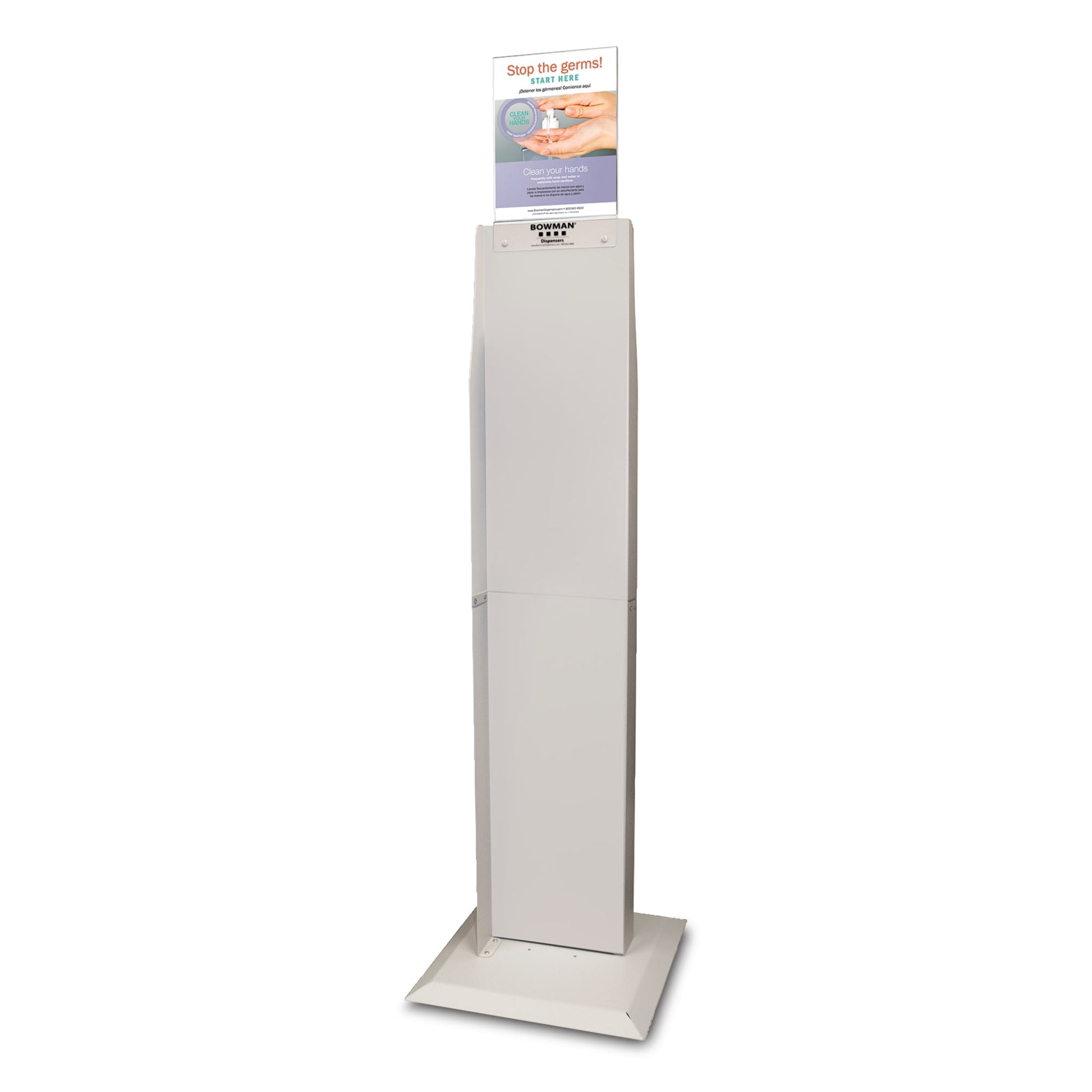 Dual-Sided Floor Stand, Holds Automatic Hand Sanitizer Dispensers, Column Square Base, Includes MP-070 Sign Holder - Vertical (Holds any 8.5"(W)x11"(H) Sign), Assembly Hardware Included, Column - Quartz Beige Powder-Coated Aluminum, Base - Quartz Beige Powder-Coated Steel, Sign Holder - Clear PETG Plastic, 17.00"(W)x52.96"(H)x17.00"(D) (64.57"(H) w/Sign), 16.4lbs (Made in the USA)