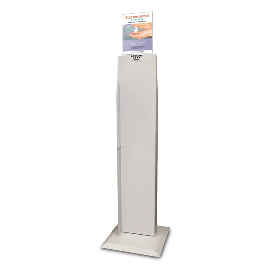 Dual-Sided Floor Stand, Holds Automatic Hand Sanitizer Dispensers, Column Square Base, Includes MP-070 Sign Holder - Vertical (Holds any 8.5"(W)x11"(H) Sign), Assembly Hardware Included, Column - Quartz Beige Powder-Coated Aluminum, Base - Quartz Beige Powder-Coated Steel, Sign Holder - Clear PETG Plastic, 17.00"(W)x52.96"(H)x17.00"(D) (64.57"(H) w/Sign), 16.4lbs (Made in the USA)