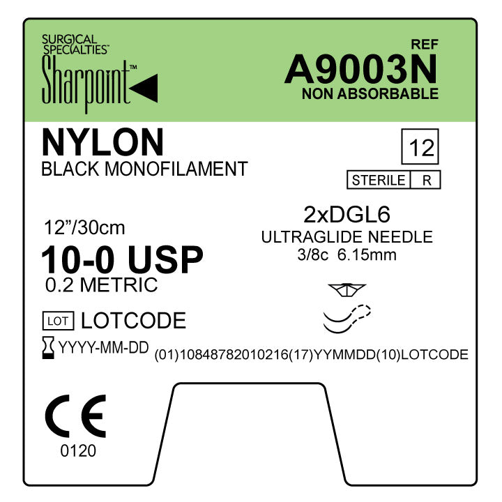 Nylon Suture, Monofilament, UltraGlide, Size 10-0, 12"/30cm, 6.15mm, 3/8 Circle, 12/bx