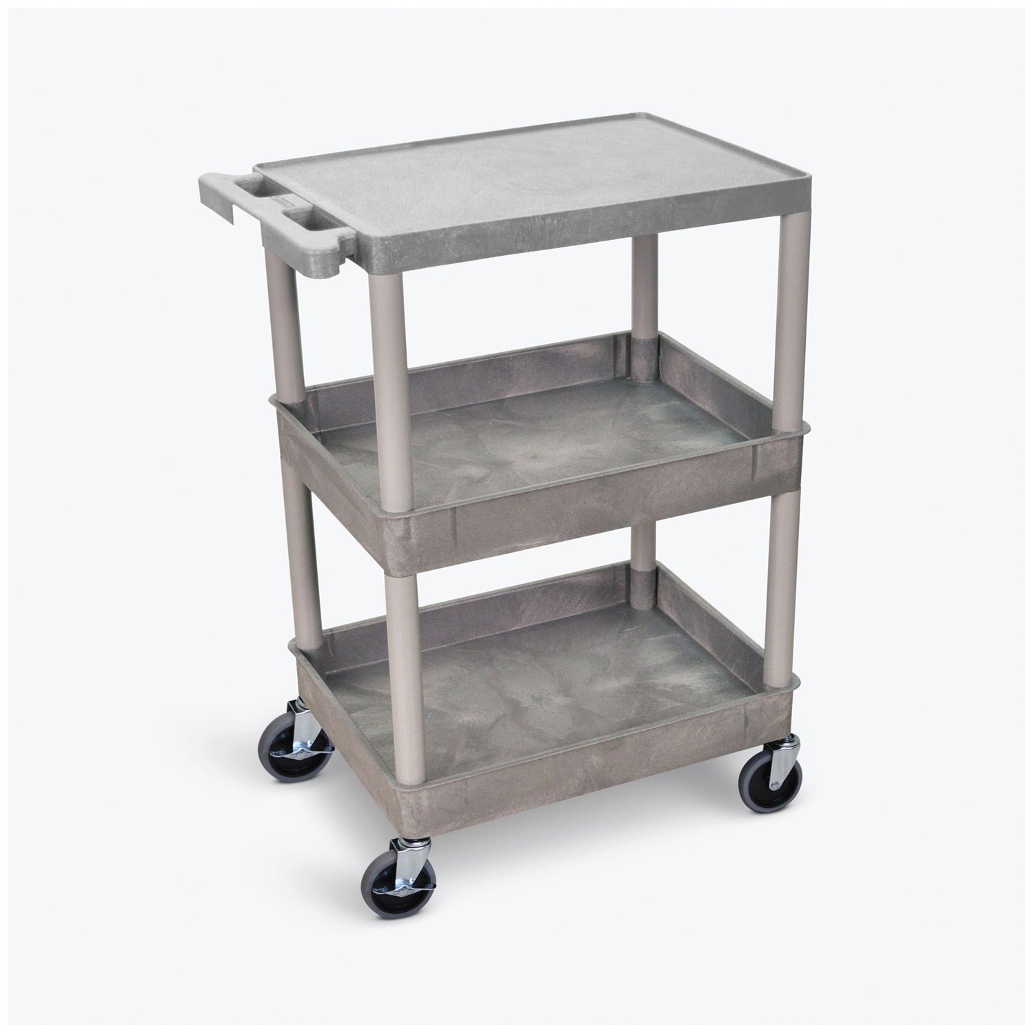 Utility Cart, Flat Top, Middle/Bottom Tub Shelves (2.75" Deep each), Gray, 24"W x 18"D x 36.5"H, with (4) 4" Heavy Duty Casters (2 with Locking Brakes), Maximum Weight Capacity 300lbs, Assembly Required (DROP SHIP ONLY)