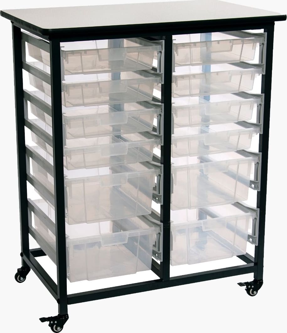 Mobile Bin Storage Unit, Double Row, (8) 3" Deep Small Clear Bins, (4) 6" Deep Large Clear Bins, Overall: 30.75"W x 20"D x 37.5"H (DROP SHIP ONLY)