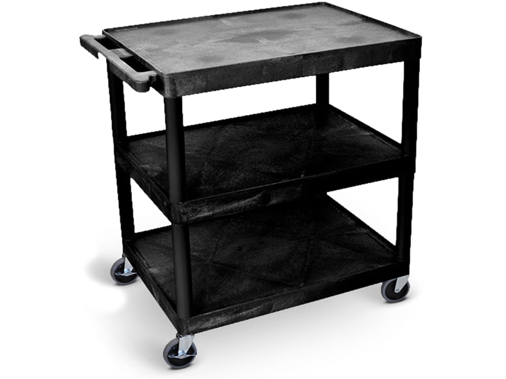 Cart, Three Shelves, Foam Plastic, Black, 32"W x 24"D x 33.5"H, (4) 4" Heavy Duty Casters (2 with Locking Brakes), Maximum Weight Capacity 400lbs, Assembly Required (DROP SHIP ONLY)