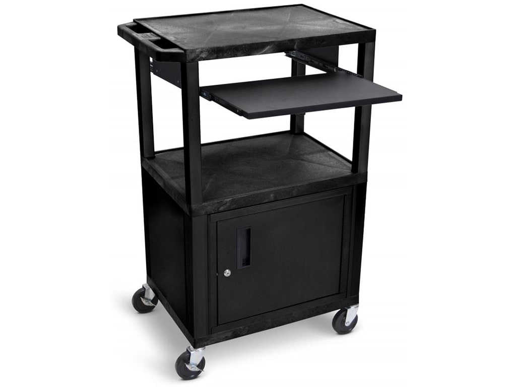 AV Cart, Plastic, Three Shelves, Black, Cabinet, Pullout Shelf, 24"W x 18"D x 42"H, (4) 4" Silent-Roll Full-Swivel Ball Bearing Casters (2 with Locking Brake) (DROP SHIP ONLY)