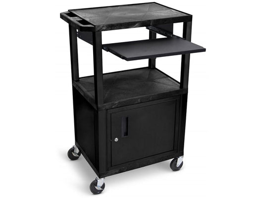 AV Cart, Plastic, Three Shelves, Black, Cabinet, Pullout Shelf, 24"W x 18"D x 42"H, (4) 4" Silent-Roll Full-Swivel Ball Bearing Casters (2 with Locking Brake) (DROP SHIP ONLY)