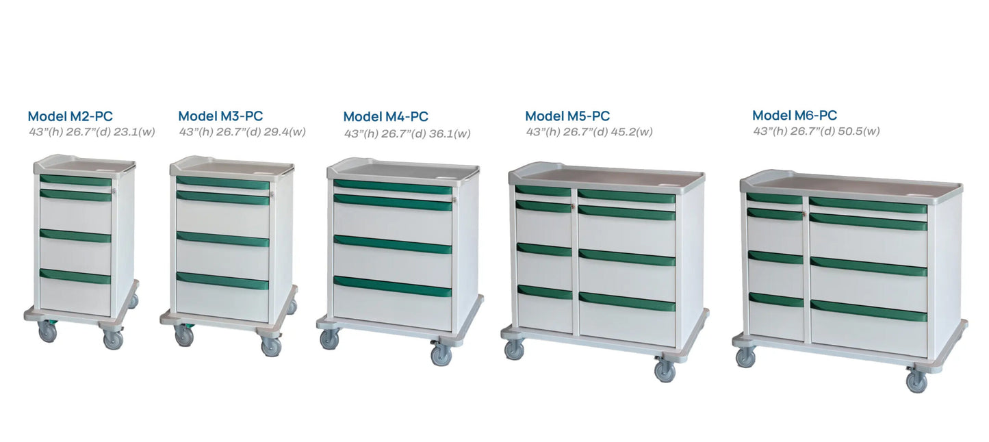 M-Series Punch Card Medication Cart, 3-Wide, Core Locking System (2 Keys), Drawer Configuration (3-Wide, Teal, (1) 3/75" Top Drawer, (3) 10" Card Drawers w/ Row Dividers & Sub Dividers), Pullout Shelf, Waste Container w/ Lid, Narcotic Lock Box (DROP SHIP ONLY)