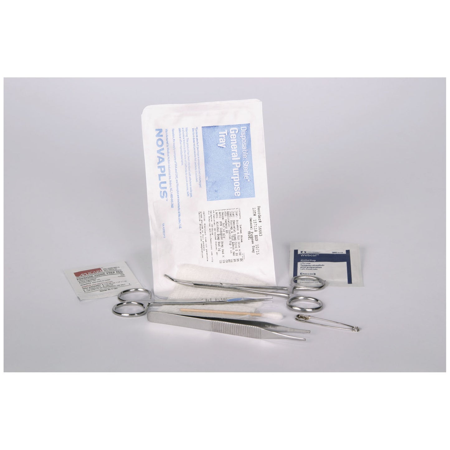 Kit Includes: Scissor Iris 4_ with pp Safety Pin #3 Forceps Adson S/S Serr 4.75 Applicator 3" Hemostat Mosq Curved 5 S/S PVP Iodophor Prep Pad Med Gauze 3"x3" 12-Ply Alcohol Prep Pad Large 20 kit/cs