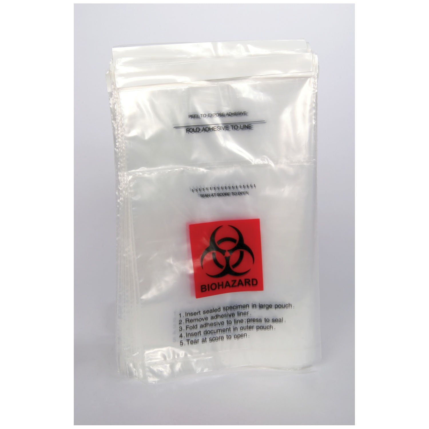 Collection Bag, 6" x 9", Biohazard, Foldover Adhesvie Closure, Clear/ Red/ Black Print, 1000/cs