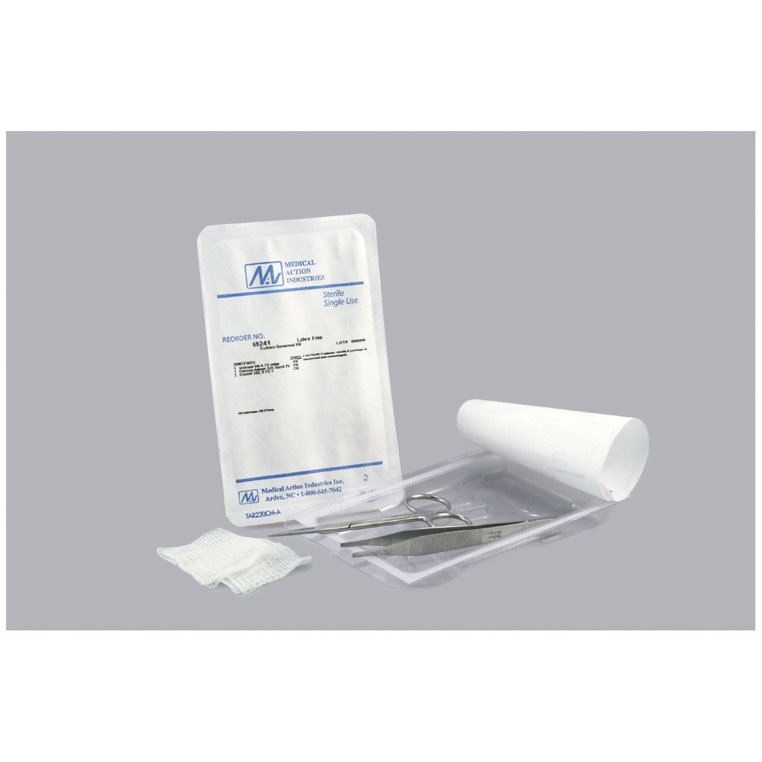 Suture Removal Kit Includes: (1) Forceps (Adson SS 4_"), (1) Scissor (Iris SS 4_"), (2) 2" x 2" 8-Ply Gauze, 50kit/cs (20 cs Minimum Order)