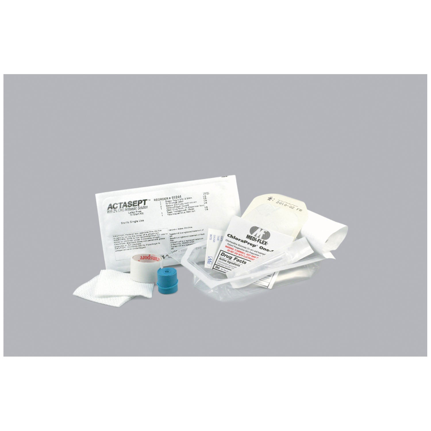 IV Kit Includes: (1) Halyard Transparent Dressing, (2) 2" x 2" 4-Ply NW Gauze, (1) Chloraprep Sepp, (1) Transport Tape Roll 24", (1) Tourniquet, (1) Change Label, 100kt/cs