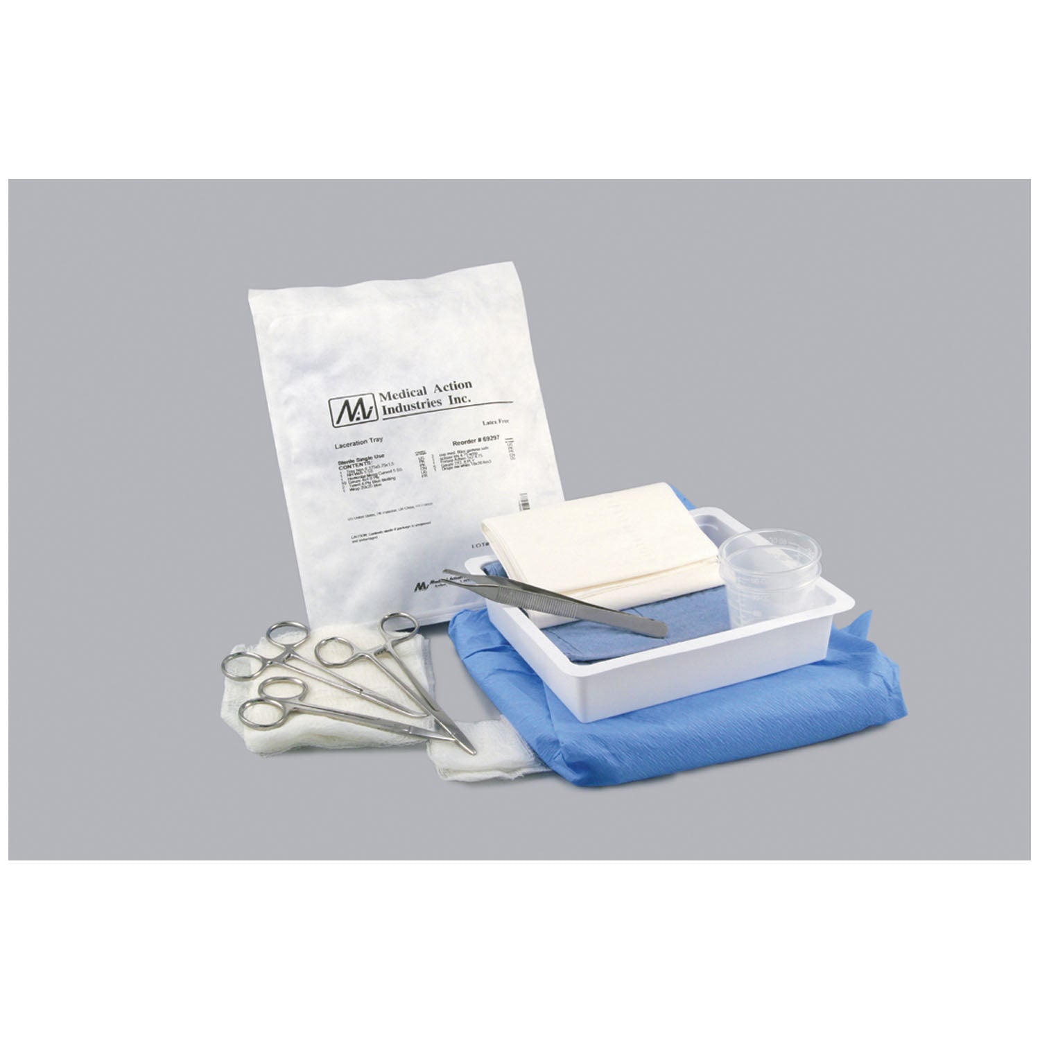 Gauze, (5) 2"x2" Gauze, (1) Needle Holder, Webster 5", (1) Forceps, Adson 1x2 Teeth 4_", (1) Hemostat, Mosquito, Curved 5", (1) Scissors (Iris), (2) Med Cup 60cc, 20tr/cs 