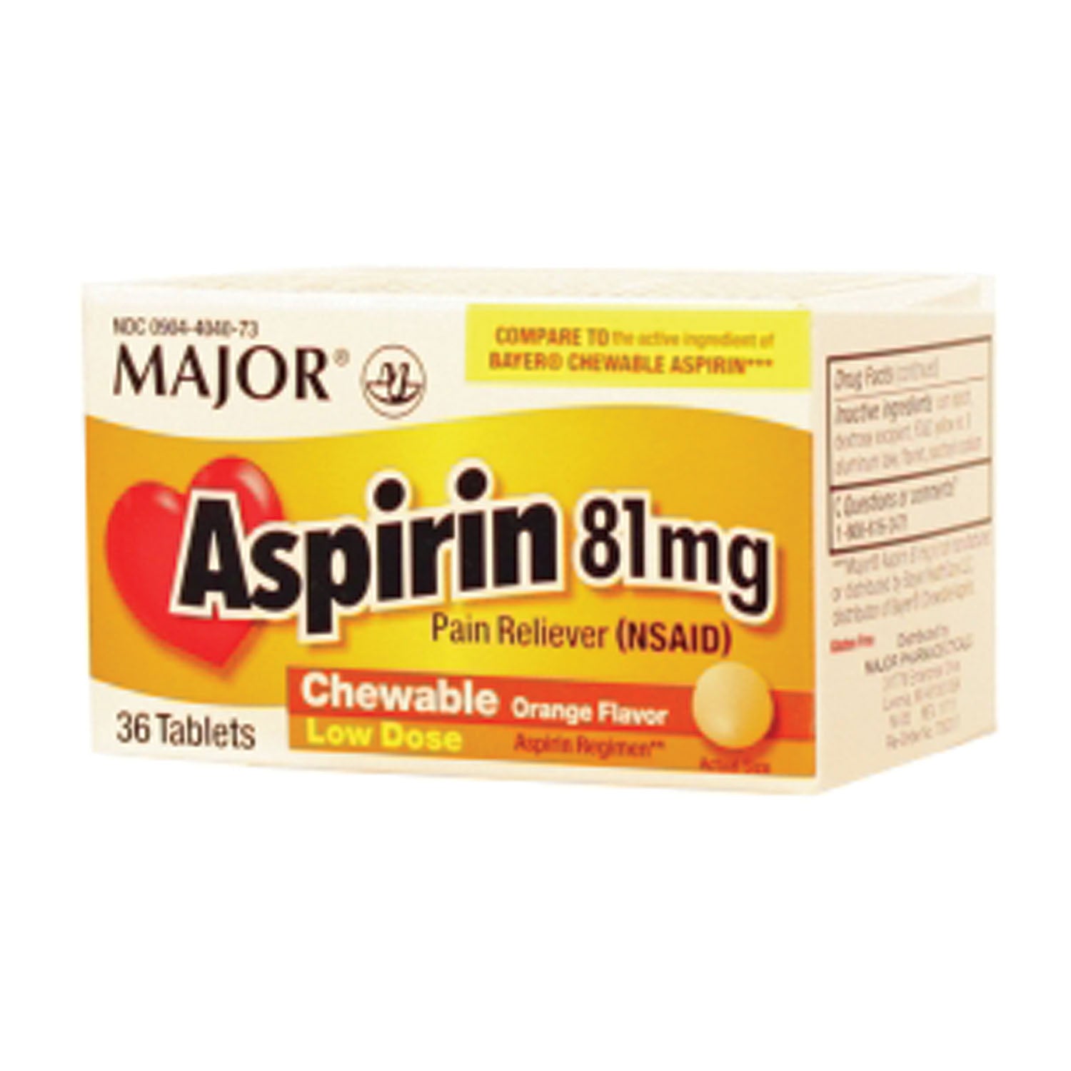 Aspirin, 81mg, 36s, Chewable Tablets, Compare to St. Joseph, NDC# 00904-4040-73 (US Only) 