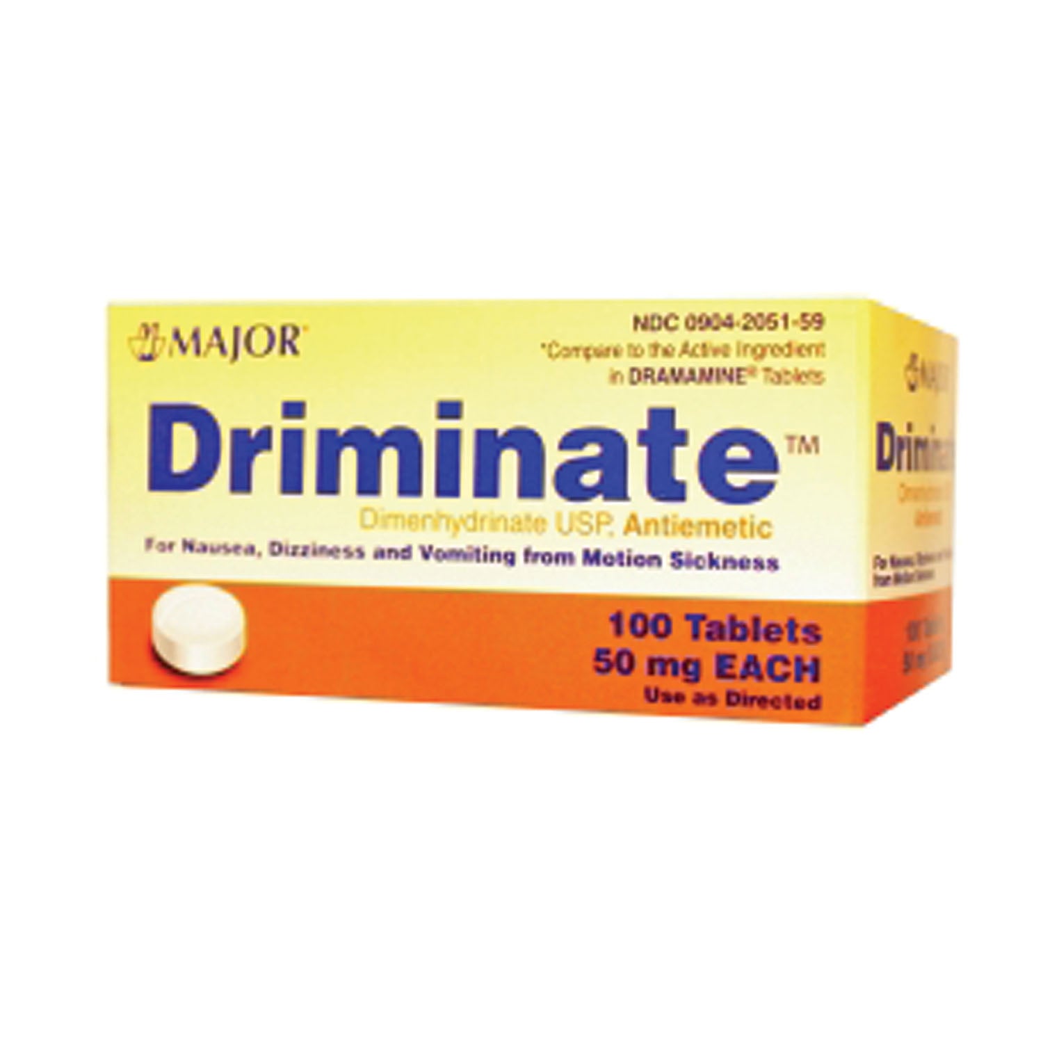 Driminate, 50mg, 100s, Tablets, Compare to Dramamine, NDC# 00904-2051-59 (US Only) 