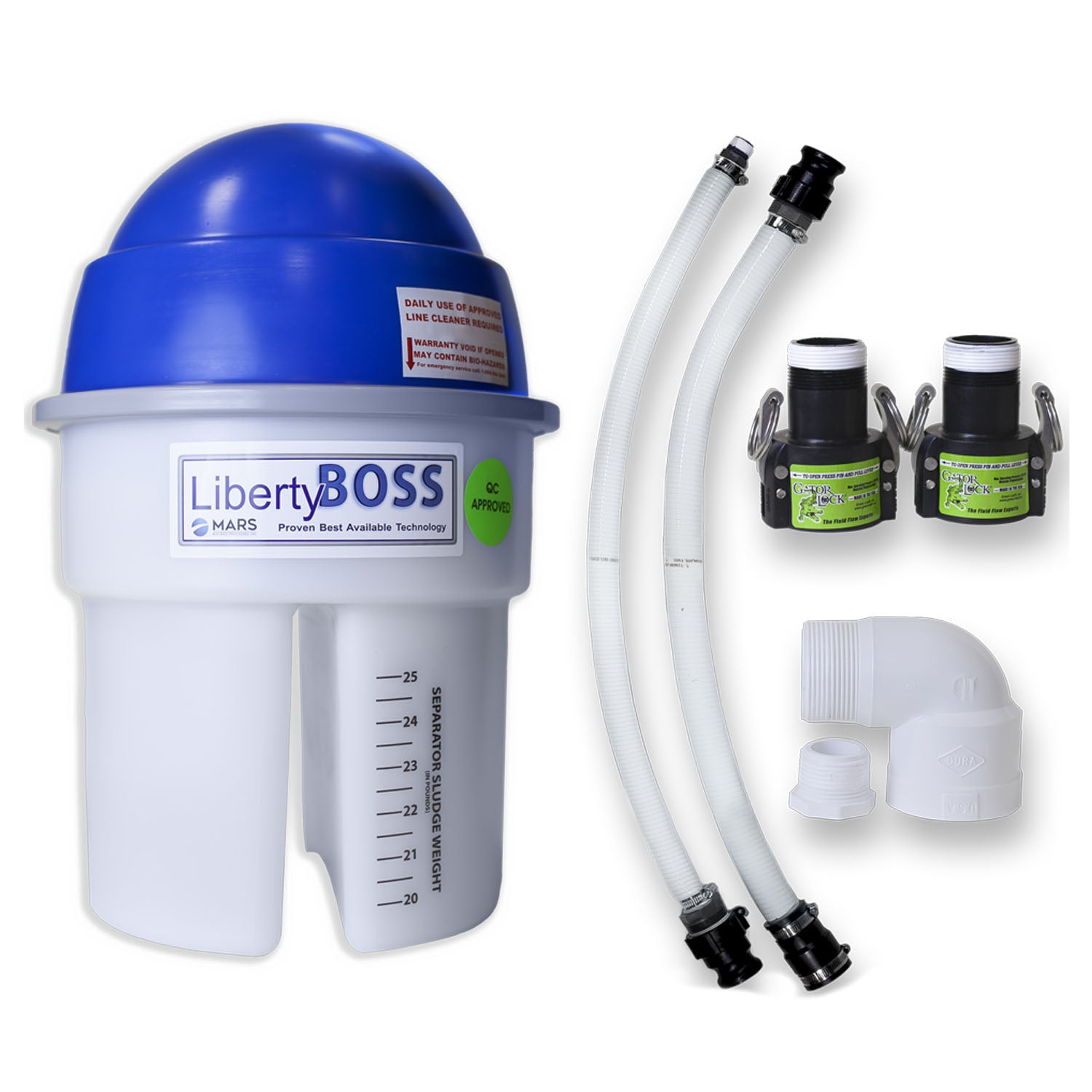 Amalgam Separator Upgrade Kit-Wet Vacuum. The Starter Kit includes the following: LibertyBOSS (NO maintenance, NO Filters and guaranteed compliance for up to 3 Years (based on practice size), All Parts Required for a Standard Amalgam Separator Installation, Amalgam Separator Recycling (with installation of a new and/or replacement LibertyBOSS), Warranty Registration Card, Certificate of Compliance, Automatic Compliance Reminder. (DROP SHIP ONLY)