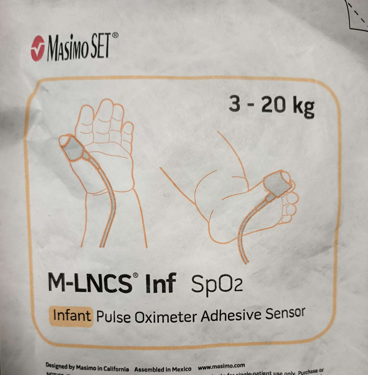 SpO2 Sensor, M-LNCS INF, Infant, Finger, Adhesive, Single Use, Patient,  18" Cable, 20/bx (Rx) (Continental US & Puerto Rico Only)