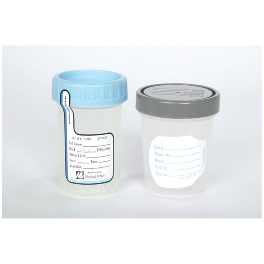 Specimen Container, 4 oz, Label & Gray Lid, Polybag, 100/cs (60 cs/plt)