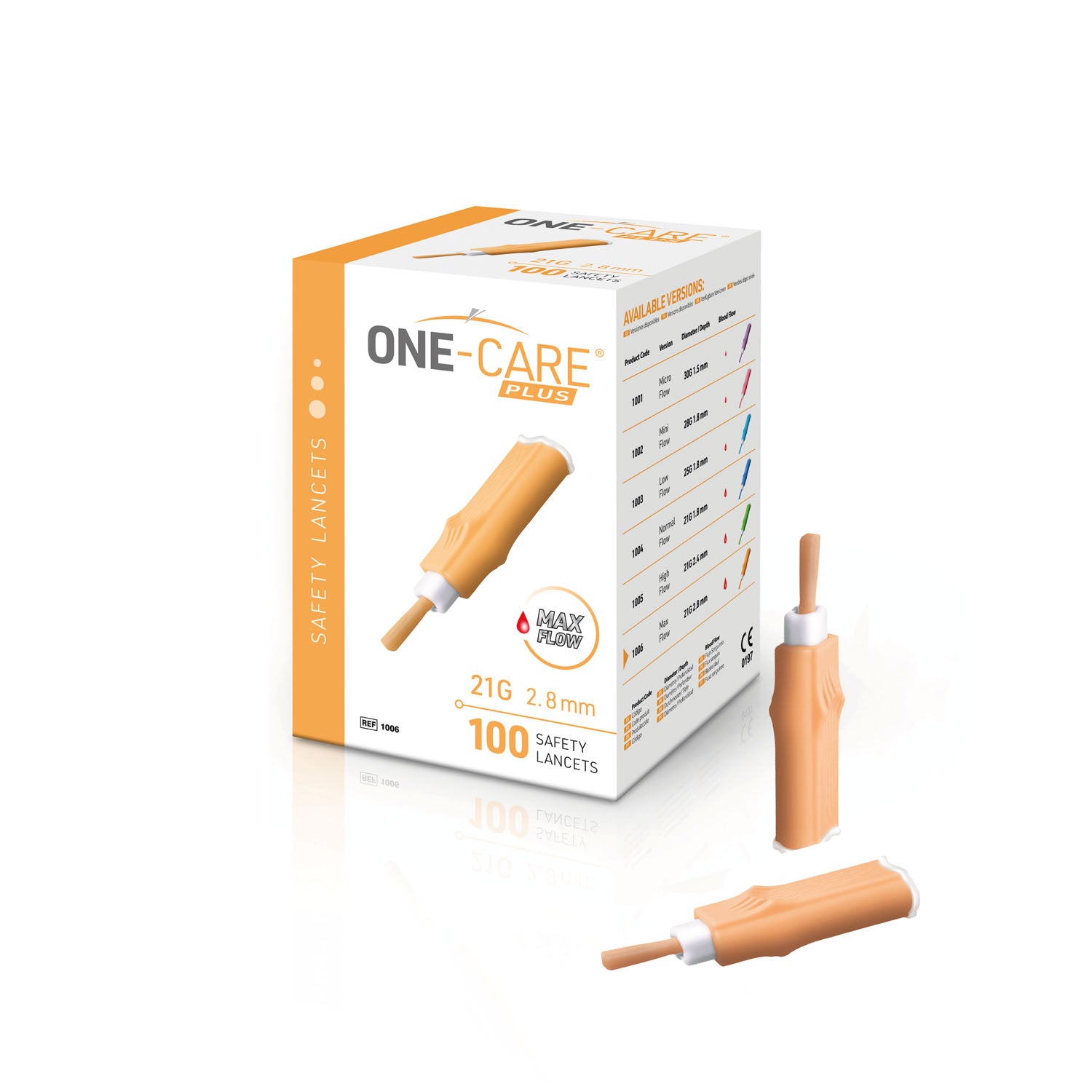 Safety Lancet, 21G x 2.8mm, Max Flow, Contact Activated, Orange, 100/bx