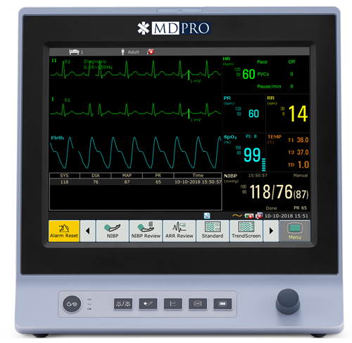 MDPro6000 Patient Monitor, 12", Touch Screen, with CO2, WiFi, and 8GB internal memory, Standard configuration (ECG, NIBP, SpO2, RESP, 2-Temp, Pulse Rate and open IBP ports), Internal G2 Sidestream CO2 uses traditional water traps and generic cannulas, Adult accessories included, and patient ready, (DROP SHIP ONLY)