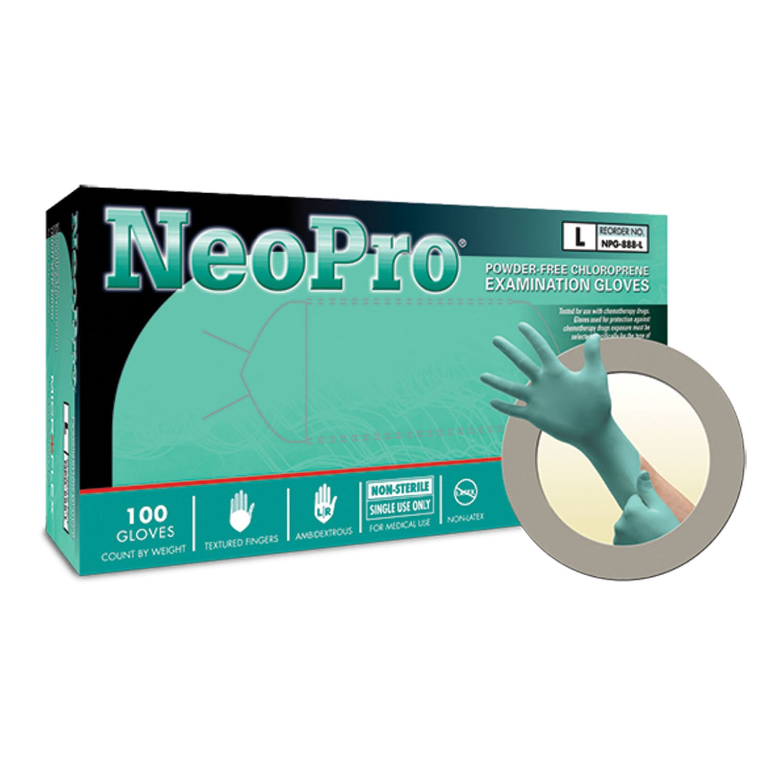 Exam Gloves, PF Chloroprene, Latex-Free, Textured Fingers, Green, Medium, 100/bx, 10 bx/cs (US Only) (Item on Manufacturer Backorder  Inventory Limited when Available)