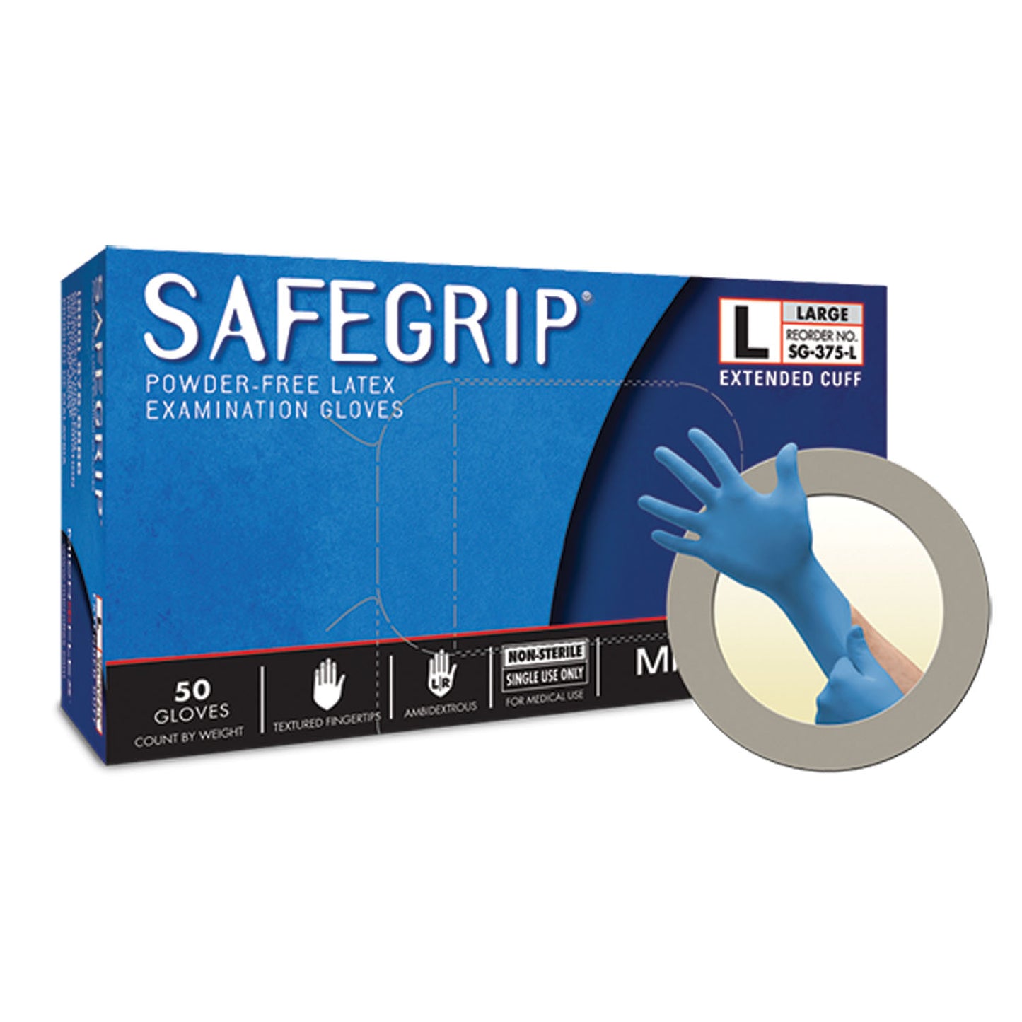 Exam Gloves, PF Latex, Textured, Extended Cuff, Blue, Large, 50/bx; 10 bx/cs (US Only)
