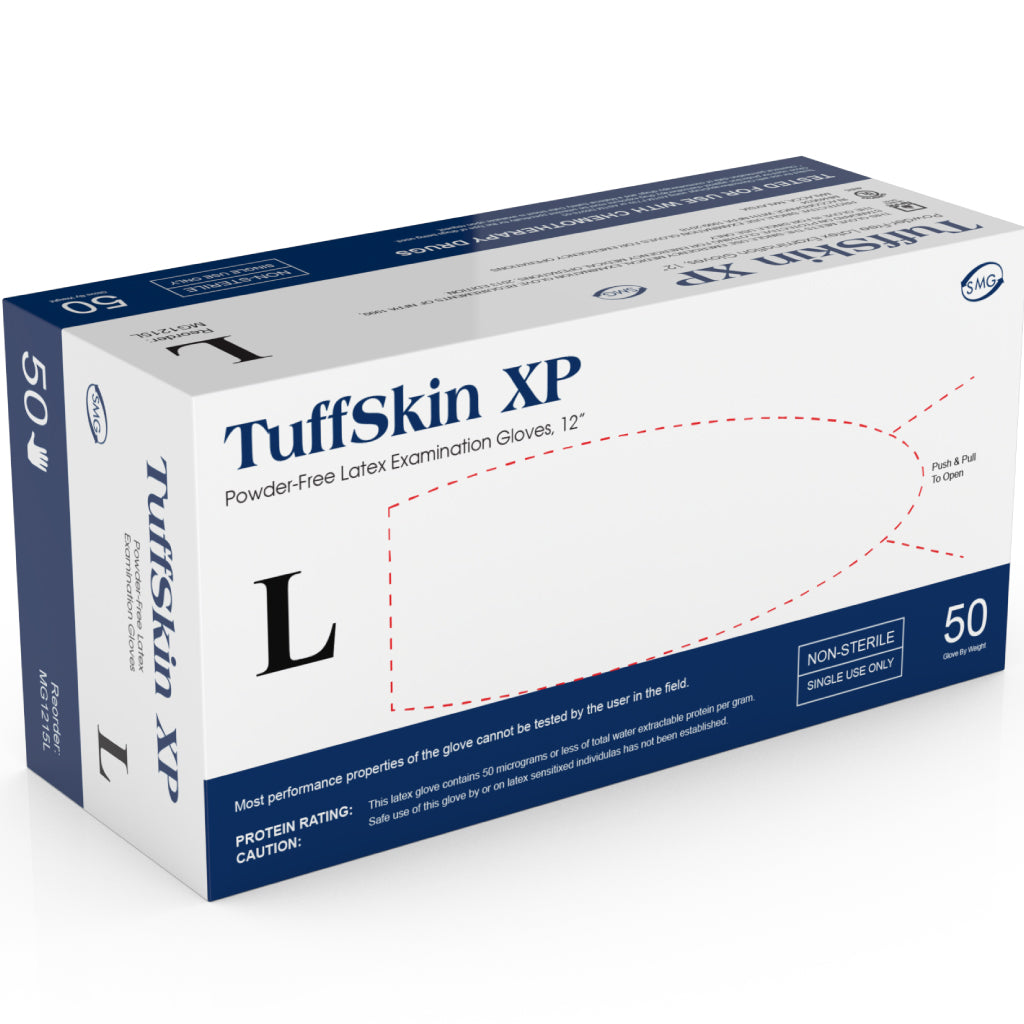 Tuffskin Latex Exam Glove, Medium, Tuffskin, Powder-Free, Extended Cuff, Dark Blue, 50/bx, 10 bx/cs