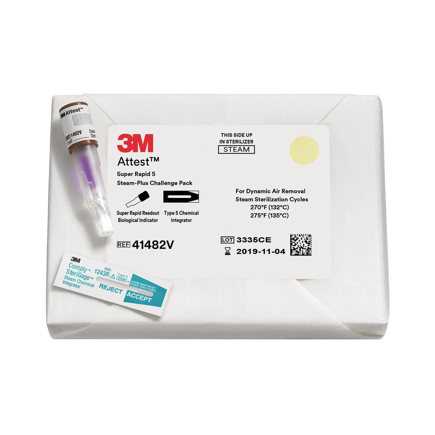 Super Rapid 5 Steam-Plus Challenge Pack, 24-minute Biological Indicator for 132C (270F) 4-Minute and 135C (275F) 3-Minute Dynamic-Air-Removal Steam Sterilization. Packs Contain (1) 1492V and (1) Type 5 Chemical Integrator,  Brown Cap, 24/cs (Continental US+HI Only)