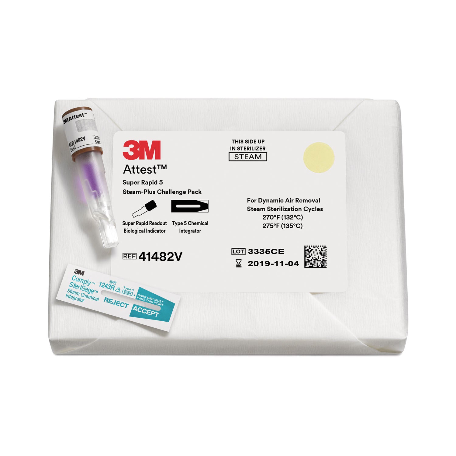 Super Rapid 5 Steam-Plus Challenge Pack, 24-minute Biological Indicator for 132C (270F) 4-Minute and 135C (275F) 3-Minute Dynamic-Air-Removal Steam Sterilization. Packs Contain (1) 1492V and (1) Type 5 Chemical Integrator,  Brown Cap, 24/cs (Continental US+HI Only)