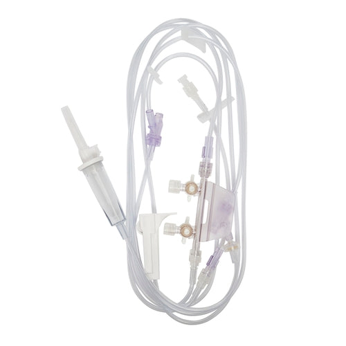 Admin Set, 15 drops/mL Universal Spike, Backcheck valve, 2 CARESITE Injection Sites, 2 Slide Clamps, Roller Clamp, Normally Closed Dual Manifold, SPIN-LOCK Male Connector, DEHP-Free, Latex Free (LF), 21.1 mL Priming Volume, 120"L, 50/cs (Rx) (Continental US+HI Only)